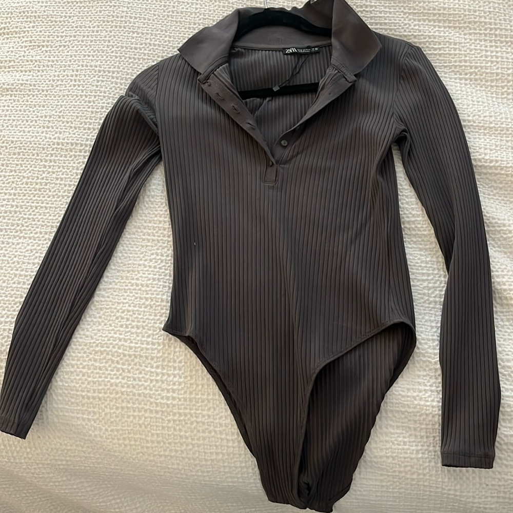 Grey button up body suit